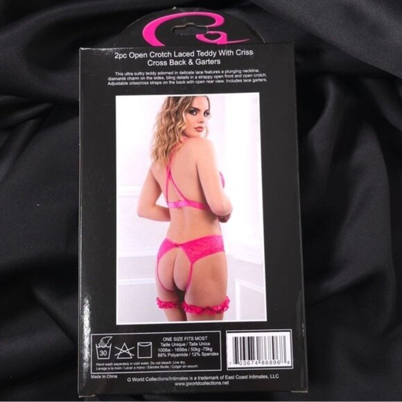 G World Intimates OH2402 Raspberry Rose Lace Teddy Open Crotch One Size Lingerie - Picture 4 of 8